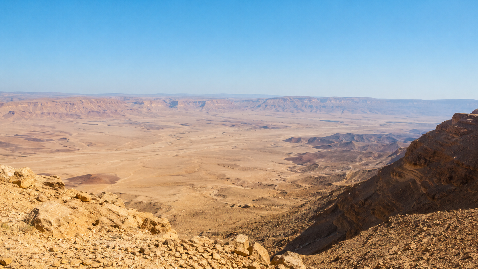 נוף מכתש רמון באור יום - האזור המשפחתי סביב צימרים במצפה רמון