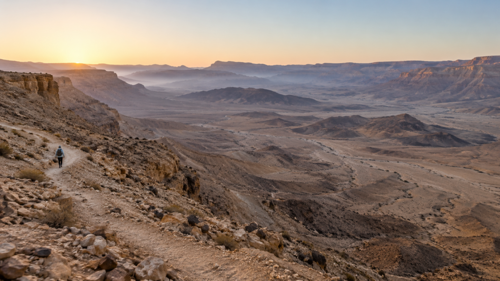 נוף מדברי במצפה רמון בשעות הבוקר המוקדמות בעונת המעבר